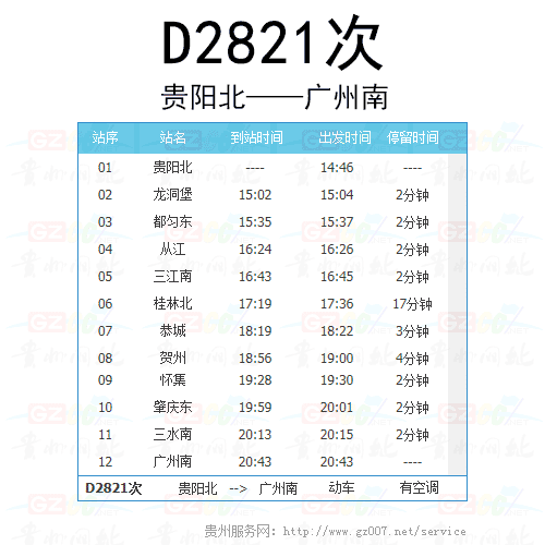 貴廣高鐵動(dòng)車(chē)D2821次時(shí)刻表