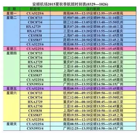 安順黃果樹(shù)機場(chǎng)航班時(shí)刻表